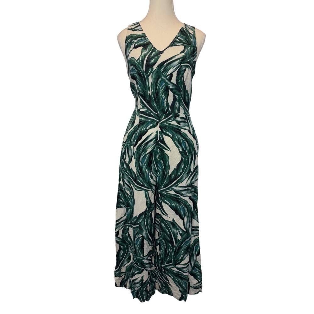 Who What Wear Tropical Palm Print Linen Blend Wide Leg Jumpsuit Green XS Resort